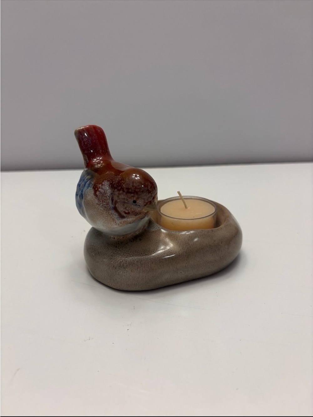 Vintage Ceramic shiny glazed Blue and red Bird Tea Light Candle Holder